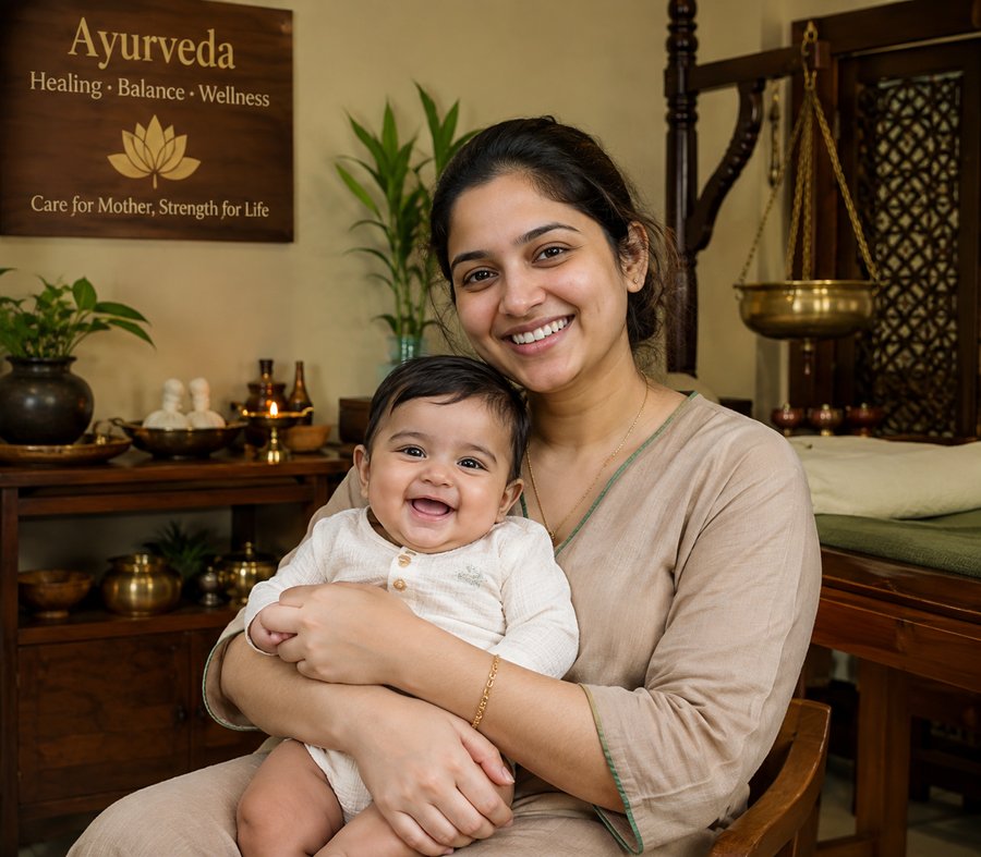 Mother and baby at Doctors Ayurcare's Prasava Raksha postpartum program